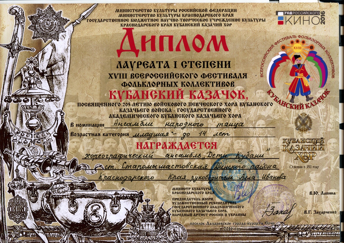 Юные артисты ансамбля танца «Дети Кубани» из Краснодарского края Динского района ст. Старомышастовской стали обладателями диплома лауреата I степени XVIII Всероссийского конкурса фольклорных коллективов «Кубанский казачок». Руководитель А.А.Иванова